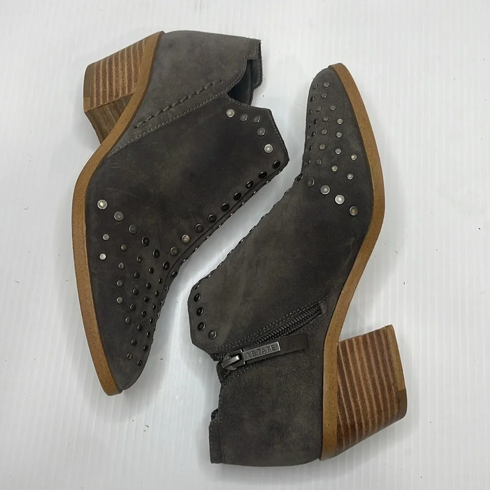1. State Loka Women’s Sz 7 Suede Studded Ankle Bootie Almond Toe Block Heel Gray
